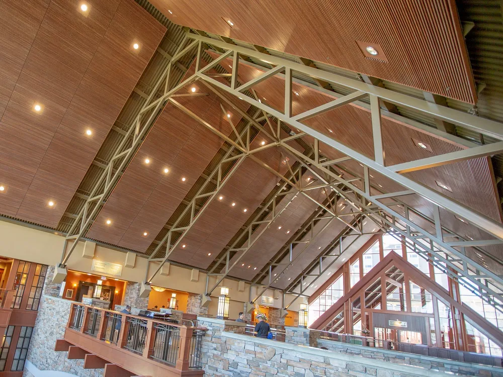 Timber roof and gallery of the River Rock atrium