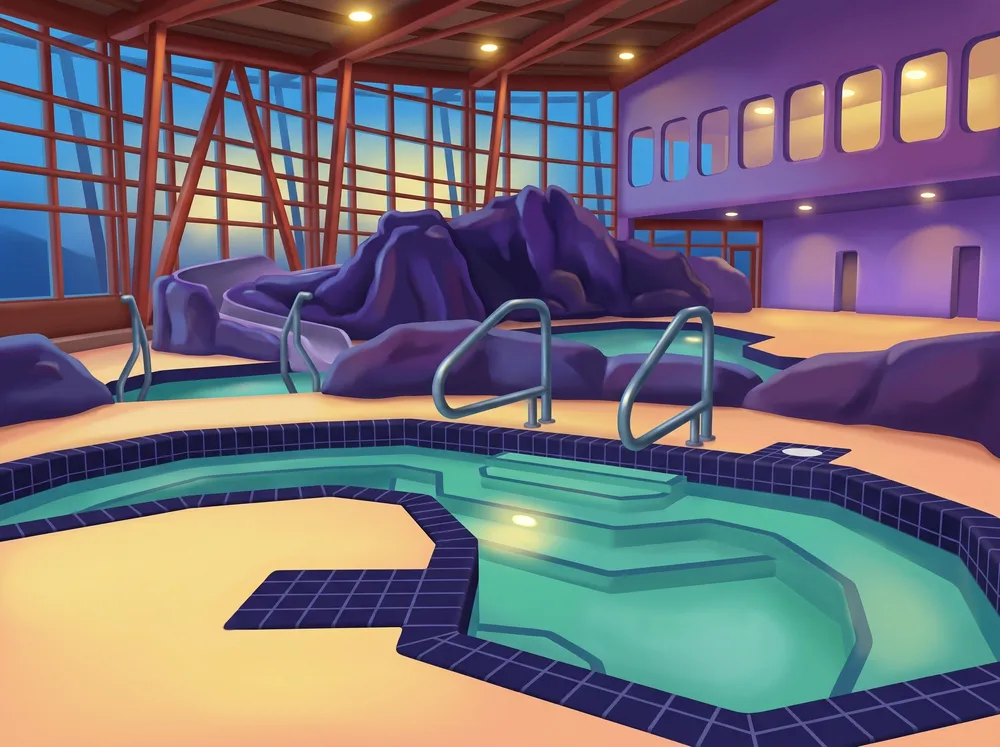 River Rock indoor pool hall under timber trusses